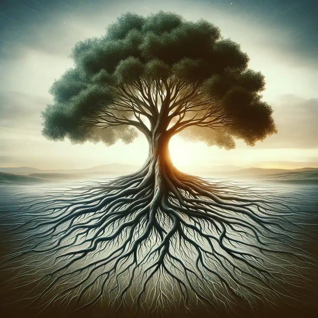 A majestic tree with deep roots and sprawling branches, symbolizing purpose, growth, and stability.